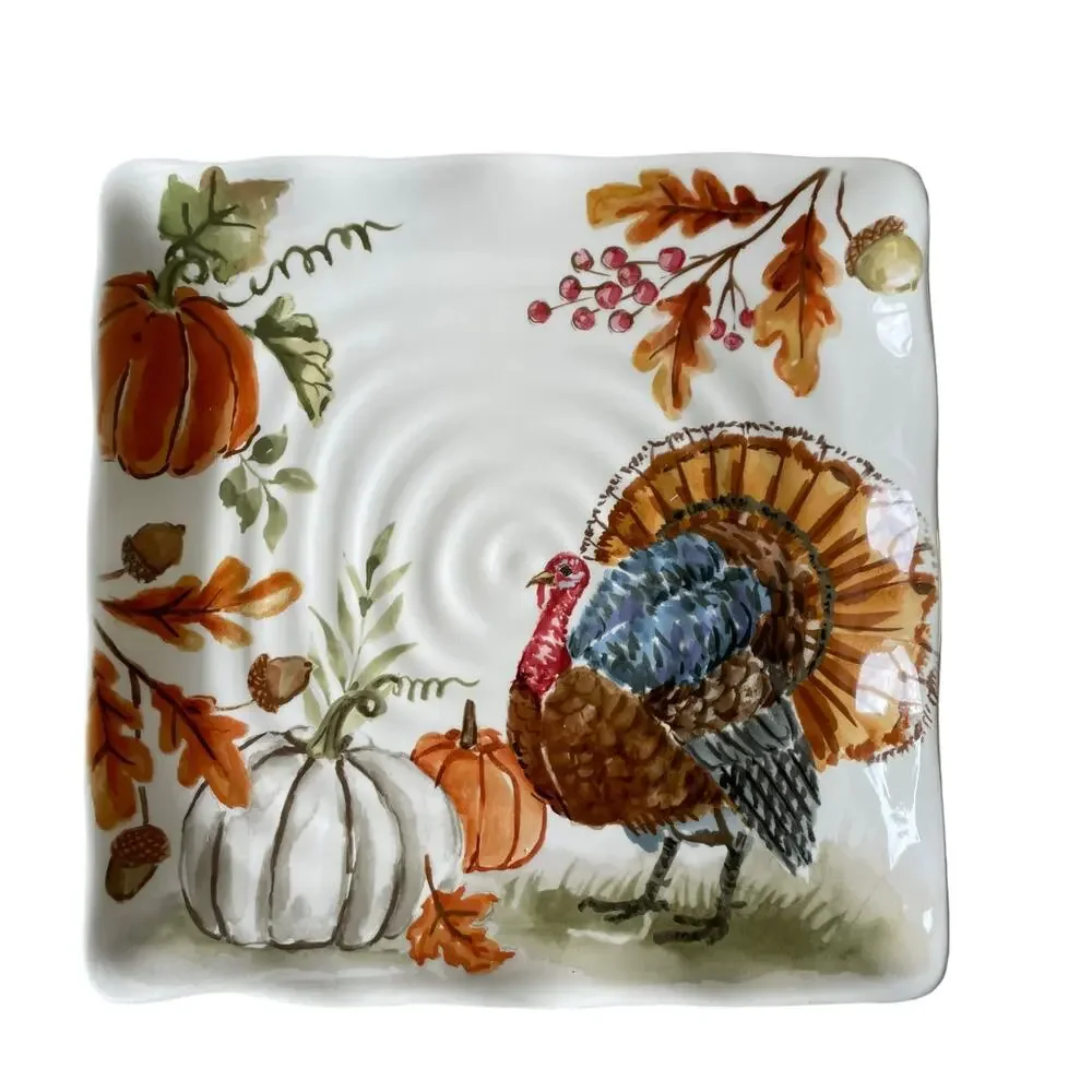 MAXCERA Thanksgiving Turkey Pumpkin Dinner Plates 11in Square Ceramic Set of 3